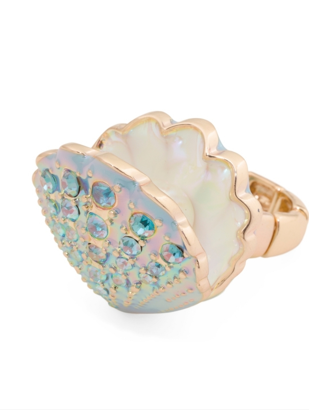 👉✨️ Betsey Johnson Gold-Tone Iridescent Clam Shell Stretch  Crystal Ring